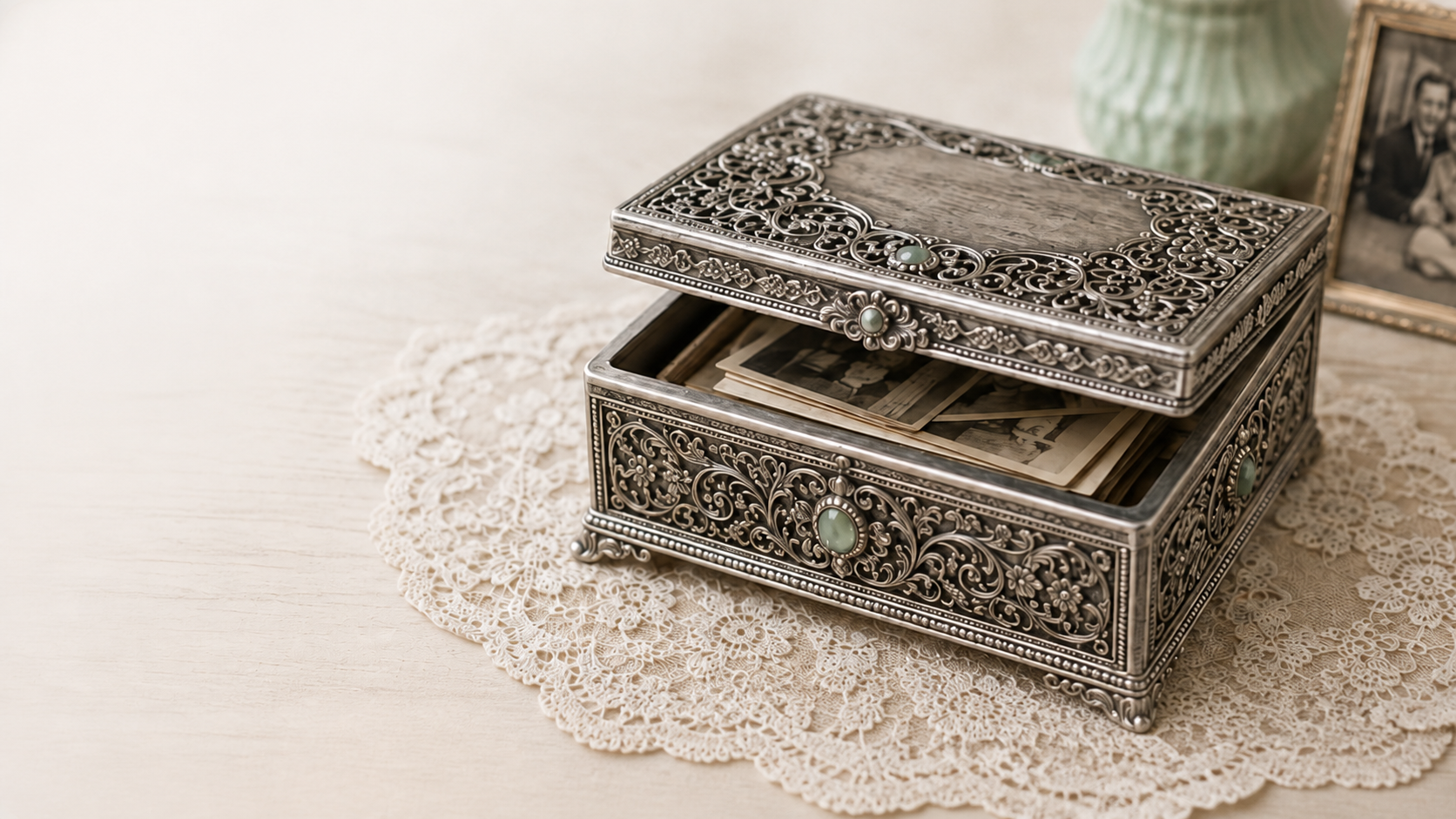 Open ornate silver memory box with family photographs